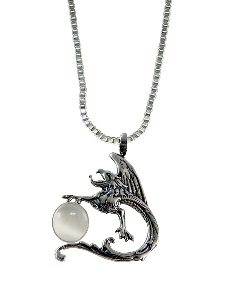 Sterling Silver Tattoo Dragon Pendant With White Moonstone